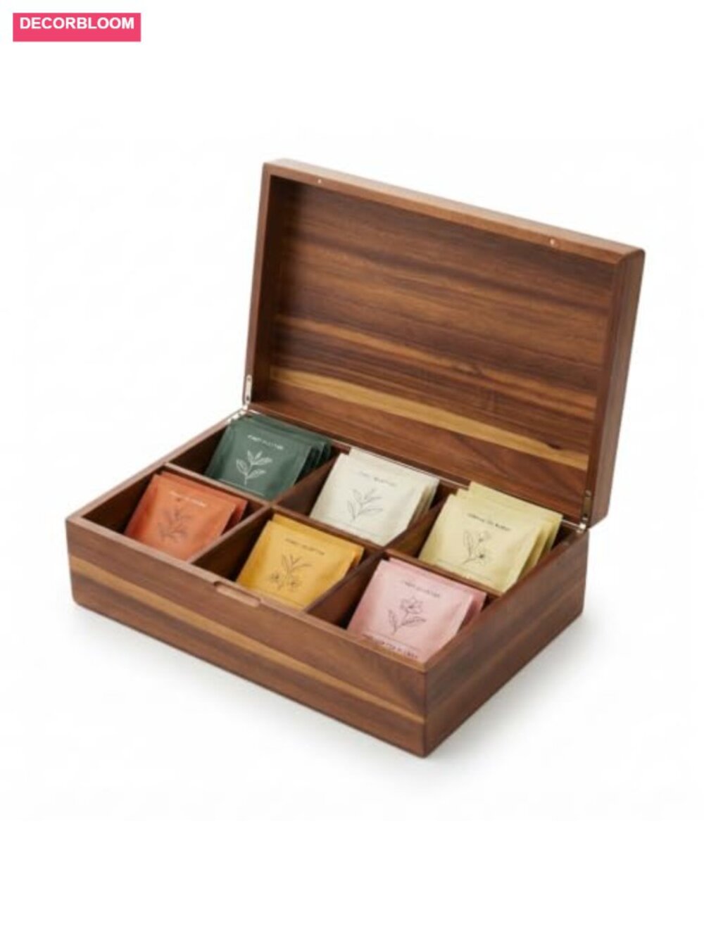 Acacia Wood Tea Bag Organizer Box Magnetic Lid 6 Compartment Tea Station